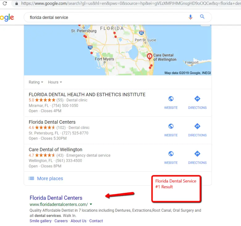 Local SEO results for a Florida dental practice