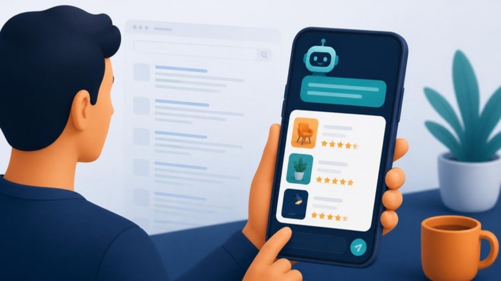 Customer asking an AI chatbot on a phone and getting a shortlist of recommended businesses instead of search results